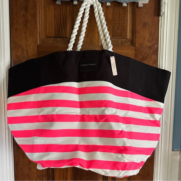 NWT Victoria's Secret Large Pink Stripef Tote Bag Rope Handles - Picture 1 of 8